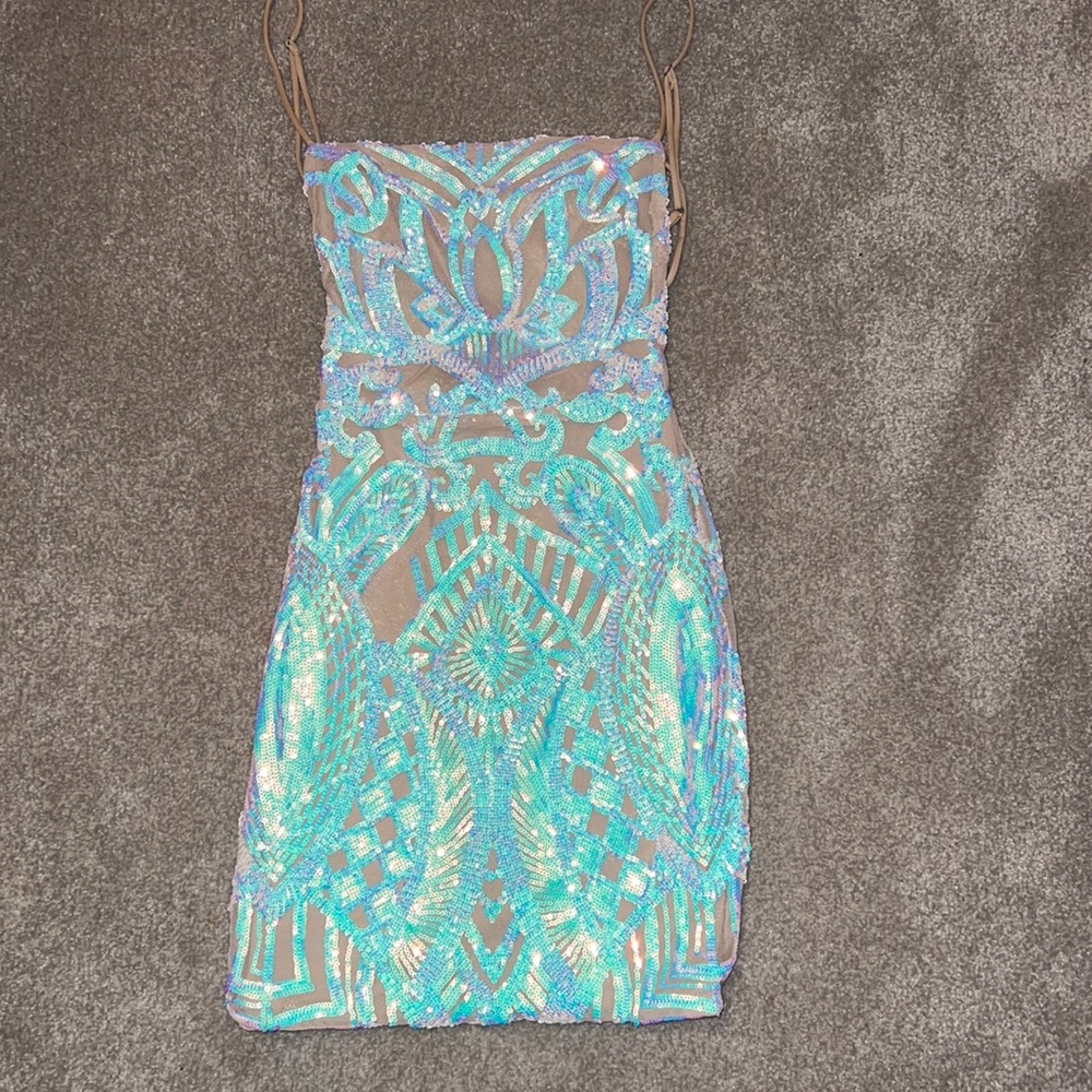 Lucy in the sky starstruck strappy dress in Nude Iridescent